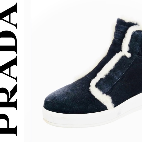 PRADA | 38 / 8 | Linea Rossa Sport Shearling-Trimmed Suede High-Top Sneaker Boot - Picture 9 of 9